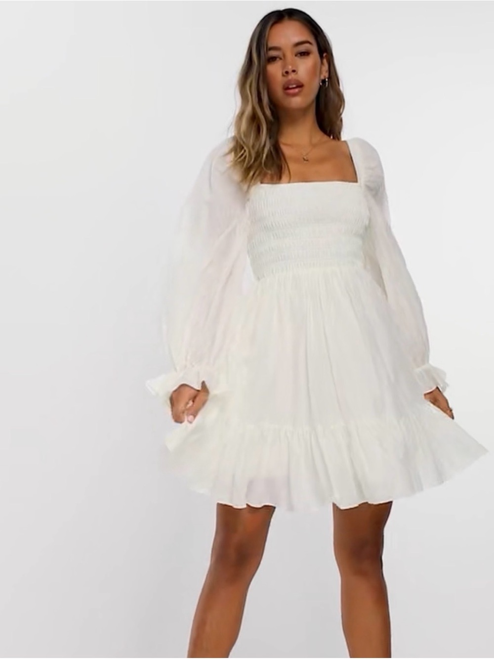 & Other Stories White Square-Neck Smocked Mini Dress with Sheer Puff Sleeves